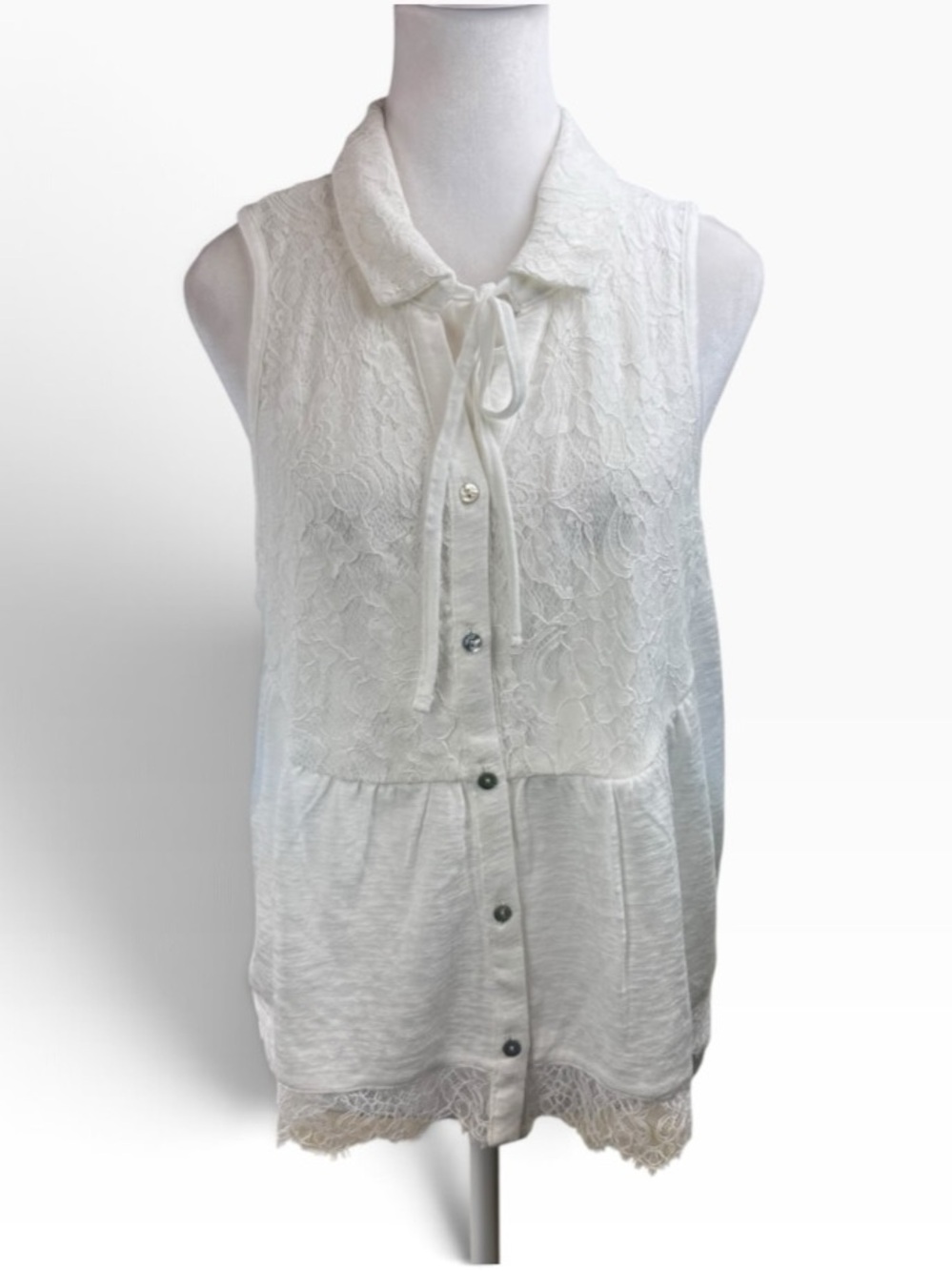 Greige Lace Overlay Sleeveless Top Button Front Size Large Boxy NWT